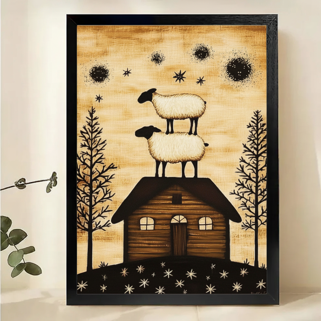 Stacked Sheep on Rooftop Wall Art – Folk Art Farmhouse Canvas Print on Natural Wood Frame