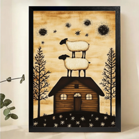 Stacked Sheep on Rooftop Wall Art – Folk Art Farmhouse Canvas Print on Natural Wood Frame