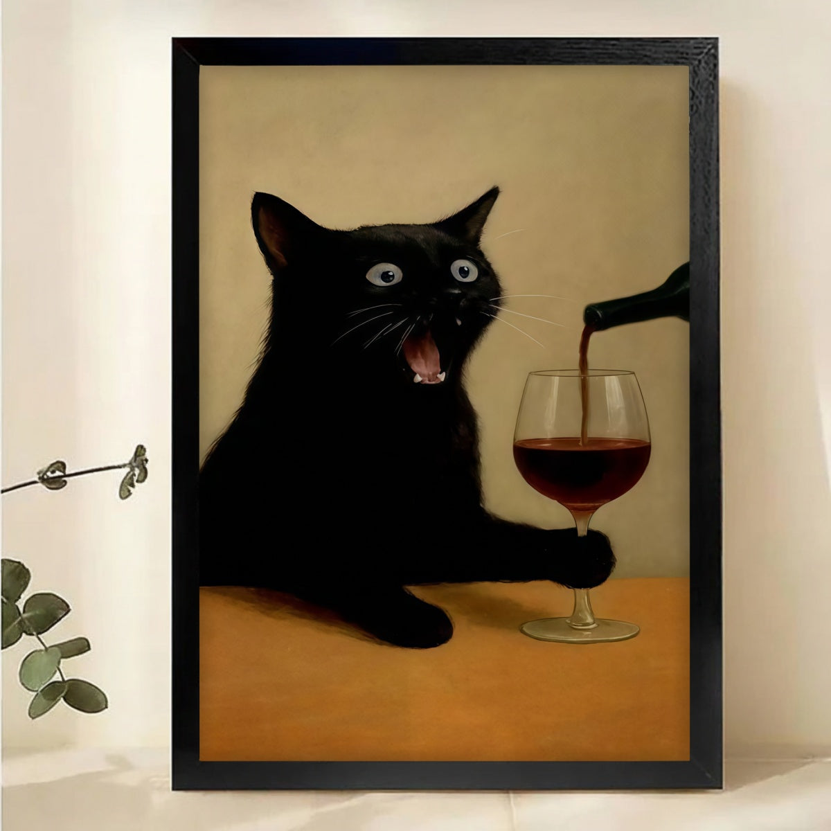 Funny Black Cat with Wine Glass Art Print - Humorous Wall Decor Canvas Wall Art