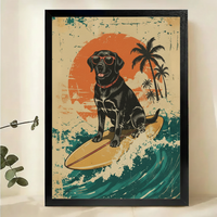 Surfing Black Labrador Wall Art – Retro Vintage Dog Canvas Print on Natural Wood Frame