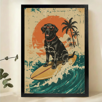 Surfing Black Labrador Wall Art – Retro Vintage Dog Canvas Print on Natural Wood Frame