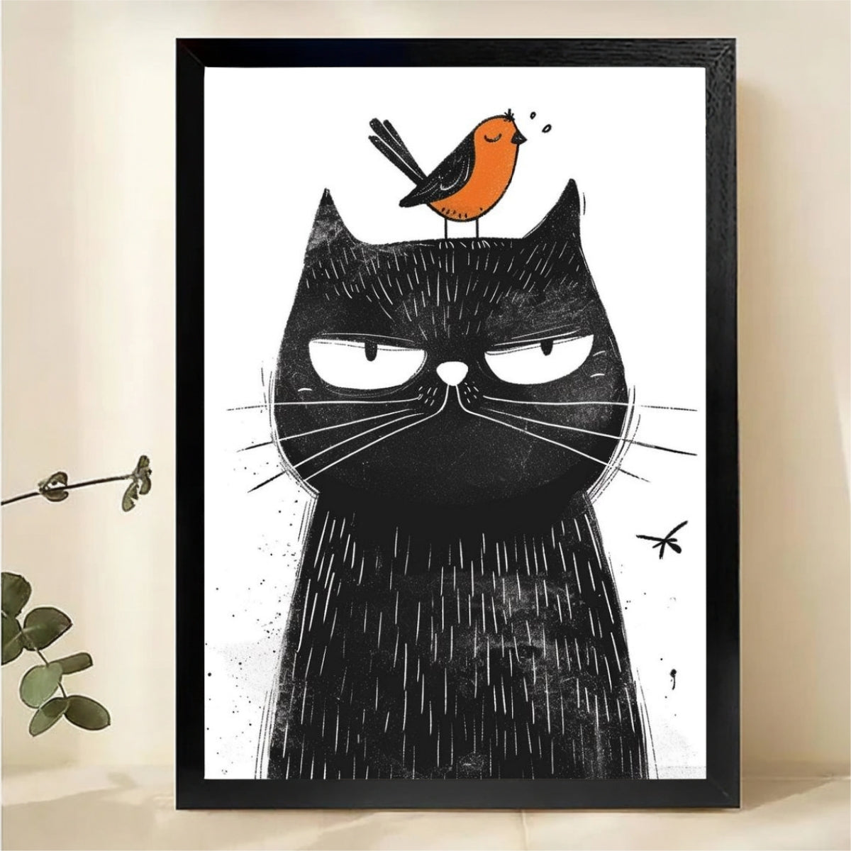 Grumpy Cat with Bird Wall Art - Funny Illustration Print