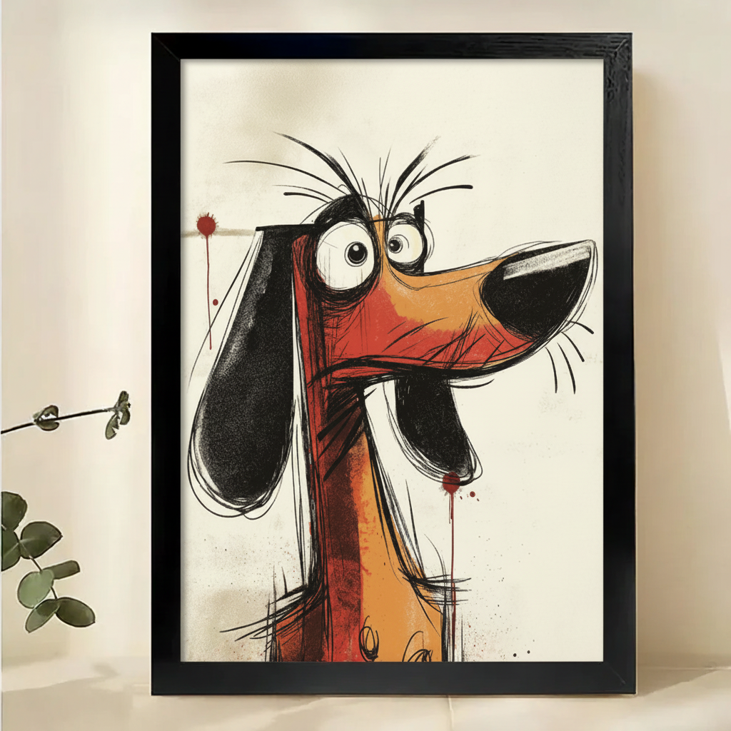 Grumpy Dachshund Sketch Wall Art – Expressive Cartoon Dog Canvas Print on Natural Wood Frame