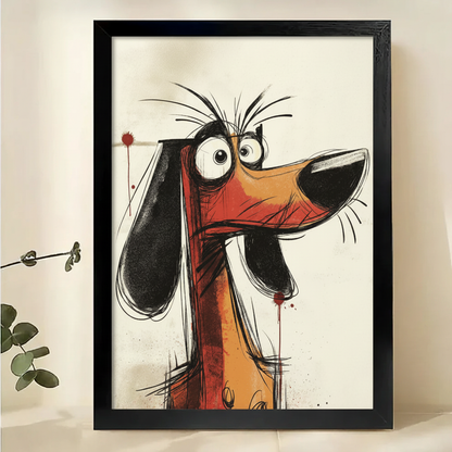 Grumpy Dachshund Sketch Wall Art – Expressive Cartoon Dog Canvas Print on Natural Wood Frame