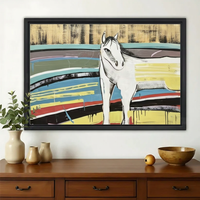 White Horse in Abstract Landscape Wall Art – Contemporary Mixed Media Canvas Print on Natural Wood Frame