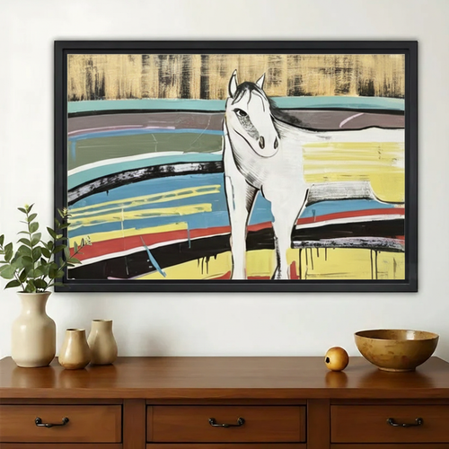 White Horse in Abstract Landscape Wall Art – Contemporary Mixed Media Canvas Print on Natural Wood Frame