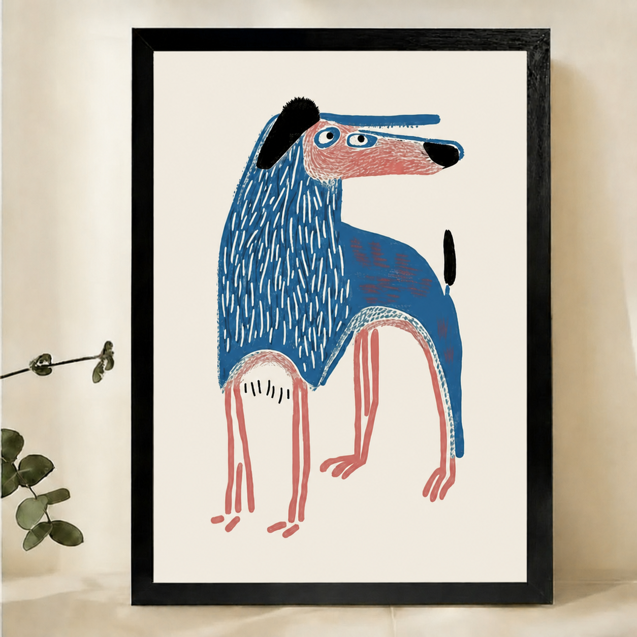 Quirky Blue Long-Legged Dog Wall Art – Outsider Art Illustration Canvas Print on Natural Wood Frame