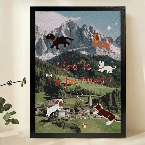Life Is a Journey Flying Dogs Wall Art – Playful Alpine Collage Canvas Print on Natural Wood Frame