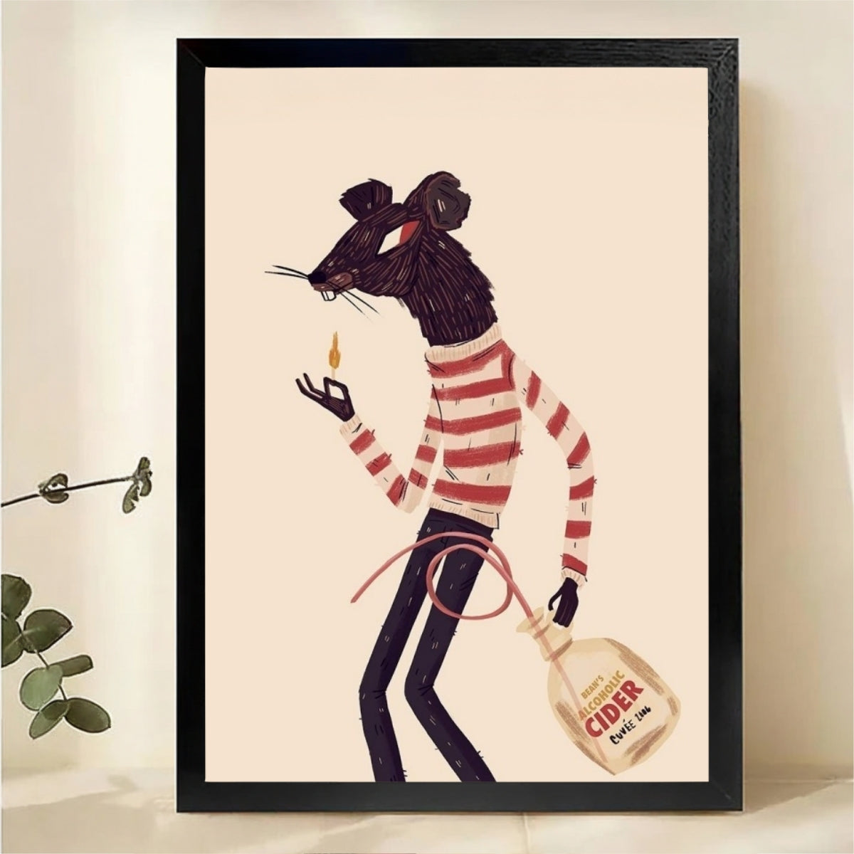 Mouse with Cider Bag Wall Art - Whimsical Folk Art Print