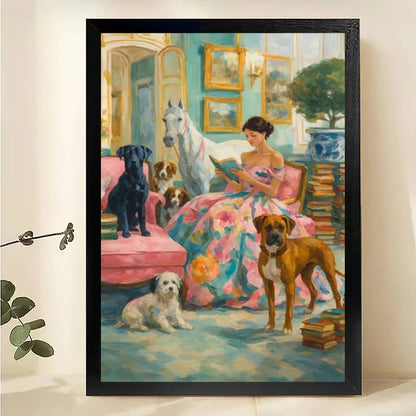 Woman Reading with Dogs Wall Art - Elegant Interior Print