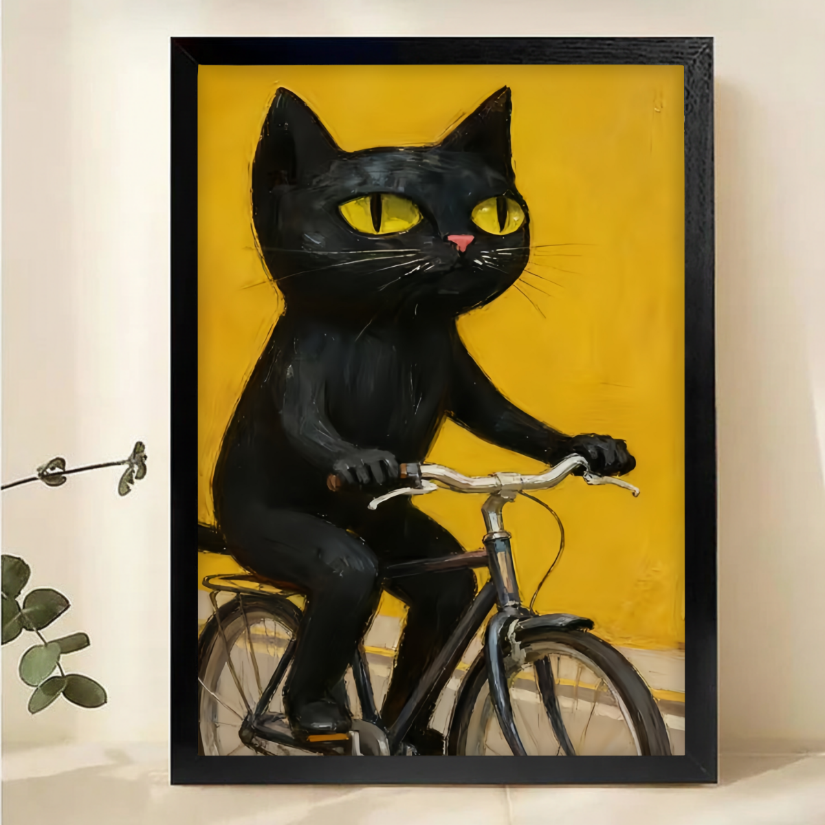 Black Cat on Bike Art - Quirky Yellow Wall Decor Canvas Wall Art