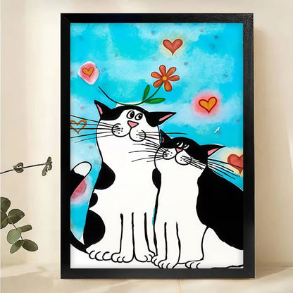 Whimsical Cat Couple Art - Black & White Cats with Hearts Canvas Print