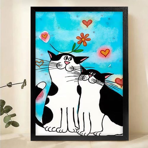 Whimsical Cat Couple Art - Black & White Cats with Hearts Canvas Print