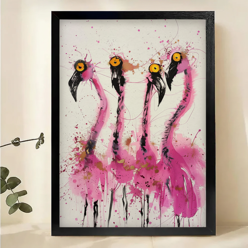 Four Wild Flamingos Wall Art – Expressive Ink Splatter Canvas Print on Natural Wood Frame