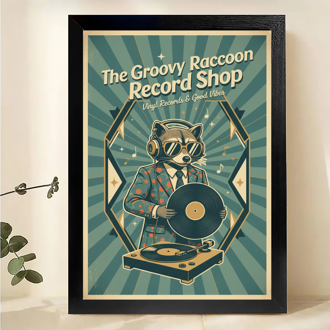 Groovy Raccoon Record Shop Poster - Vintage Vinyl Wall Art