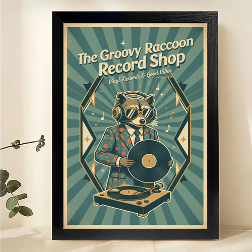 Groovy Raccoon Record Shop Poster - Vintage Vinyl Wall Art