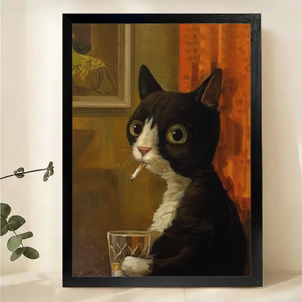 Tuxedo Cat with Cigarette & Whiskey Wall Art – Vintage Noir Canvas Print on Natural Wood Frame