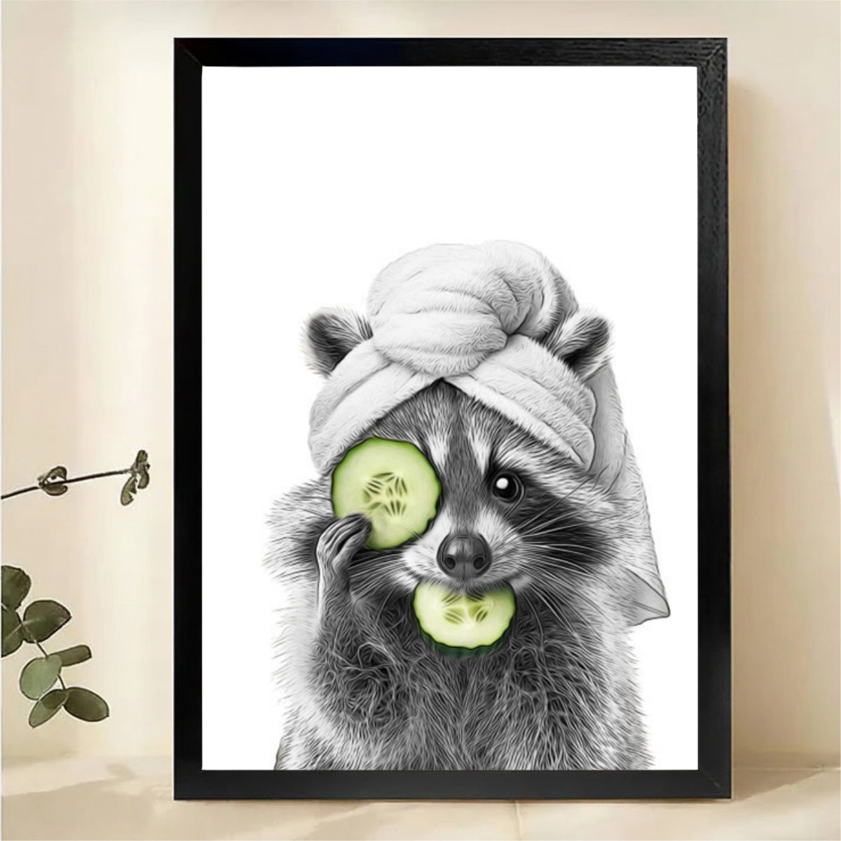 Raccoon Spa Day Wall Art - Funny Cucumber Mask Print