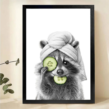 Raccoon Spa Day Wall Art - Funny Cucumber Mask Print