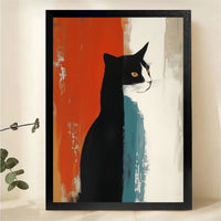 Tuxedo Cat on Abstract Brushstroke Wall Art - Modern Minimalist Canvas Print