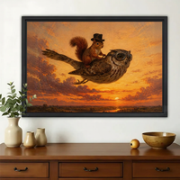 Whimsical Flying Owl & Squirrel Wall Art – Fantasy Sunset Animal Canvas Print on Natural Wood Frame