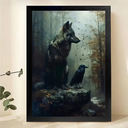 Wolf and Raven Wall Art - Mystical Forest Wildlife Print