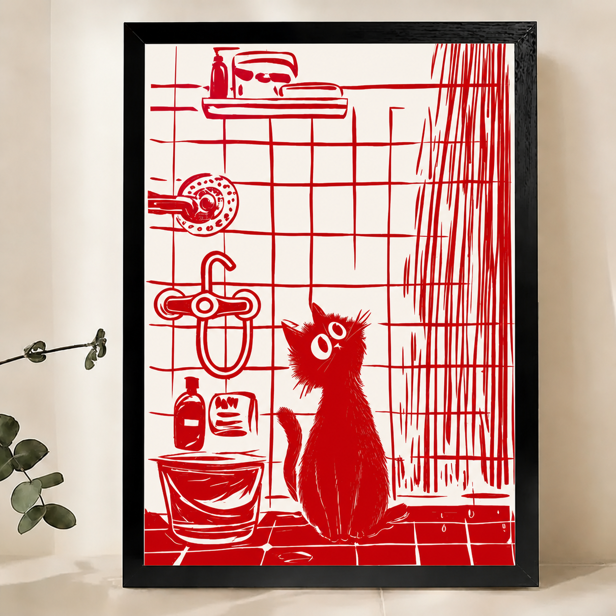 Curious Cat in the Shower Wall Art – Bold Red Linocut Bathroom Canvas Print on Natural Wood Frame