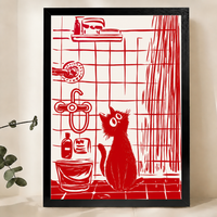 Curious Cat in the Shower Wall Art – Bold Red Linocut Bathroom Canvas Print on Natural Wood Frame