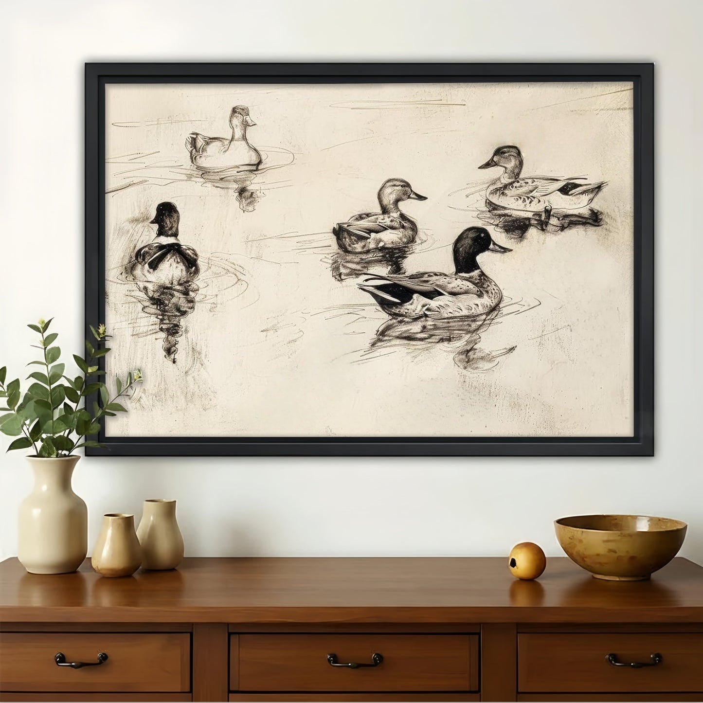 Vintage Ducks on Water Wall Art - Classic Sketch Print
