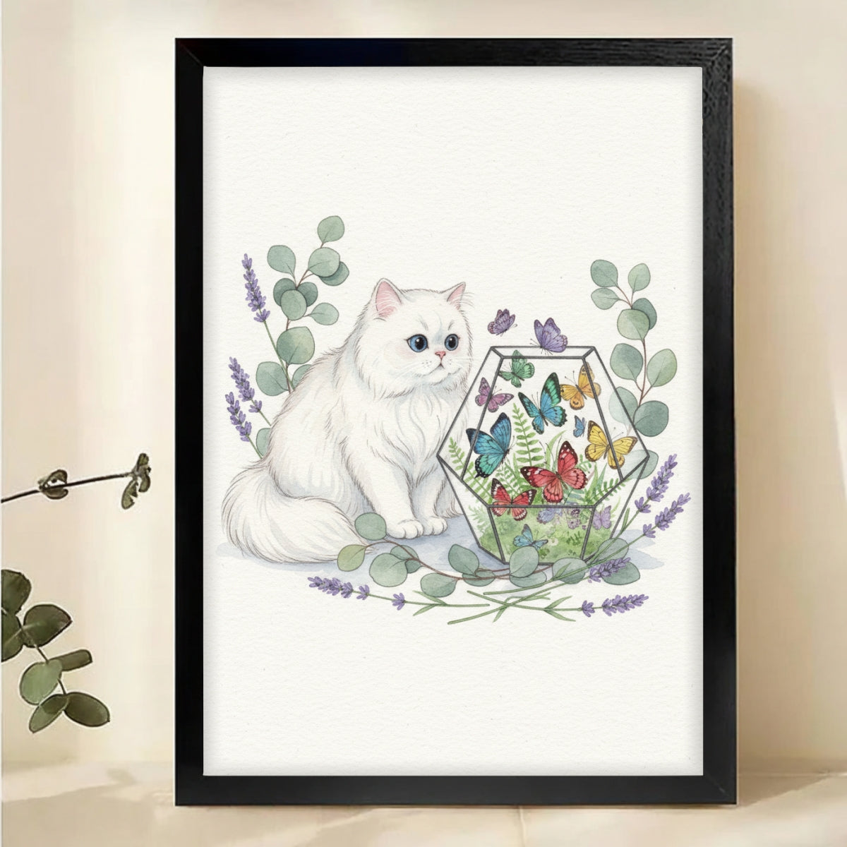 White Cat with Butterfly Terrarium Wall Art Canvas