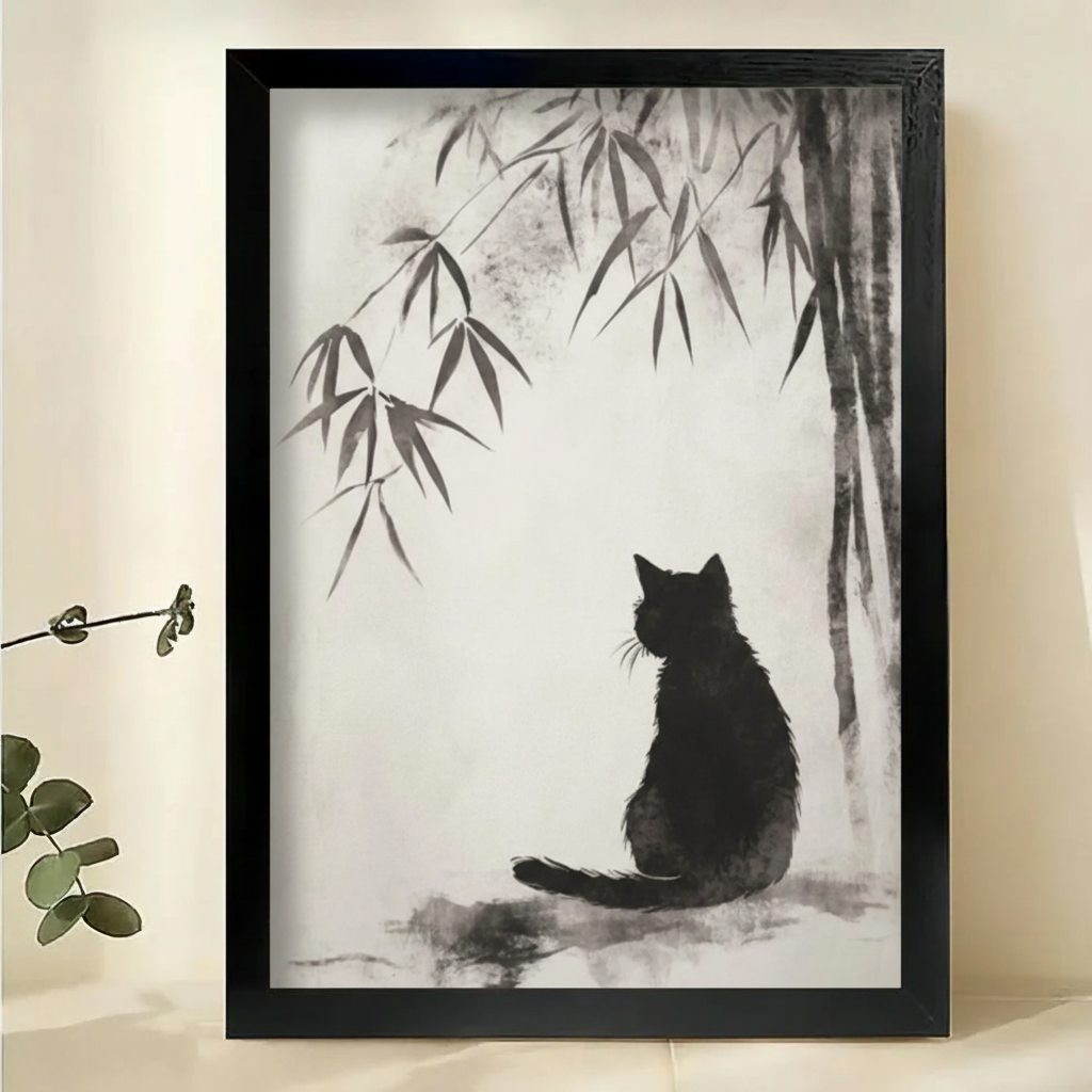 Black Cat in Bamboo Grove Wall Art – Zen Ink Wash Canvas Print on Natural Wood Frame