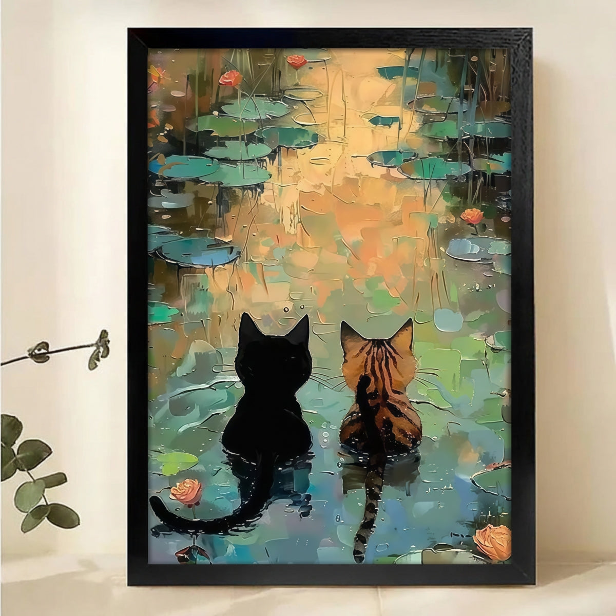 Two Cats by the Lotus Pond Canvas Art - Impressionist Water Lily Wall Decor