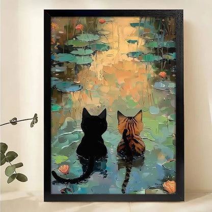 Two Cats by the Lotus Pond Canvas Art - Impressionist Water Lily Wall Decor
