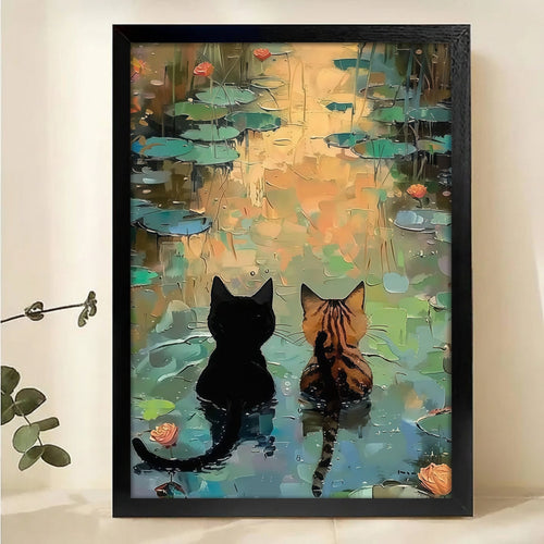 Two Cats by the Lotus Pond Canvas Art - Impressionist Water Lily Wall Decor
