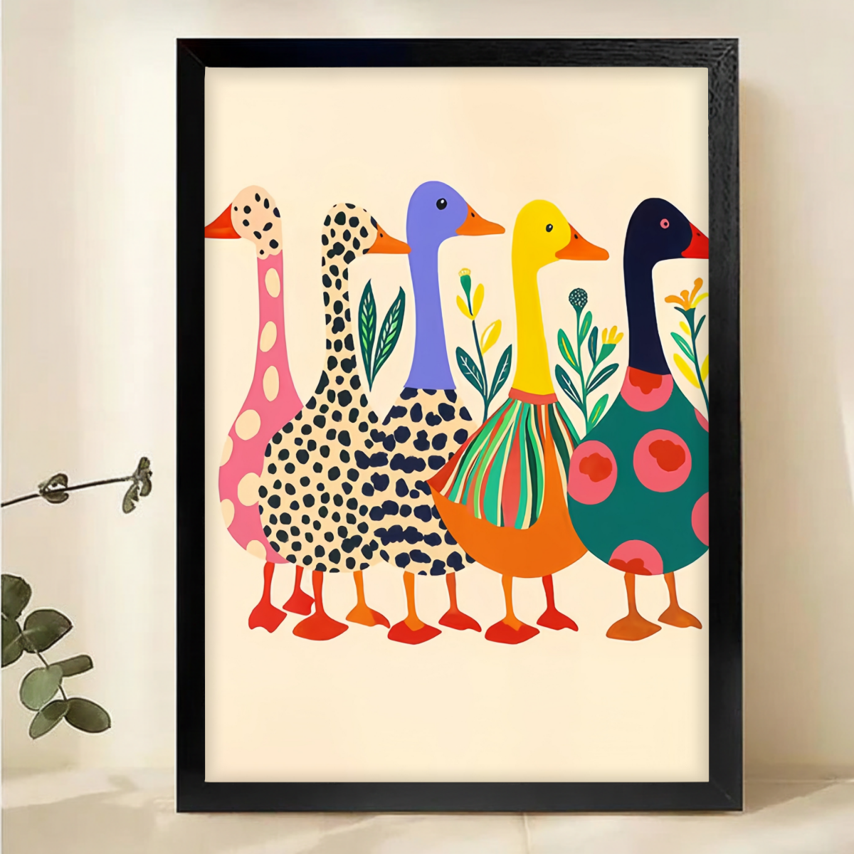 Colorful Ducks Canvas Wall Art - Whimsical Folk Art Bird Print