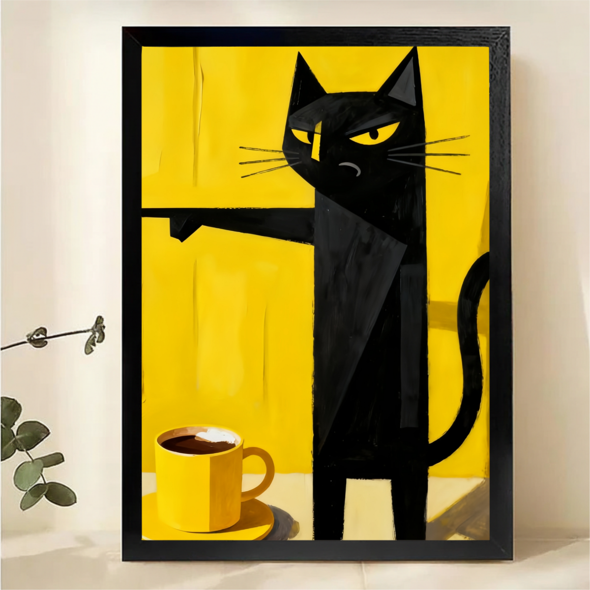 Grumpy Black Cat with Coffee Wall Art - Funny Cat Canvas Print