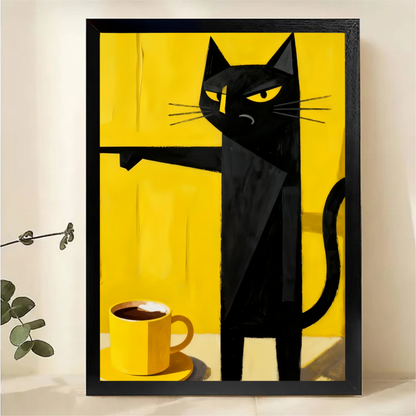 Grumpy Black Cat with Coffee Wall Art - Funny Cat Canvas Print