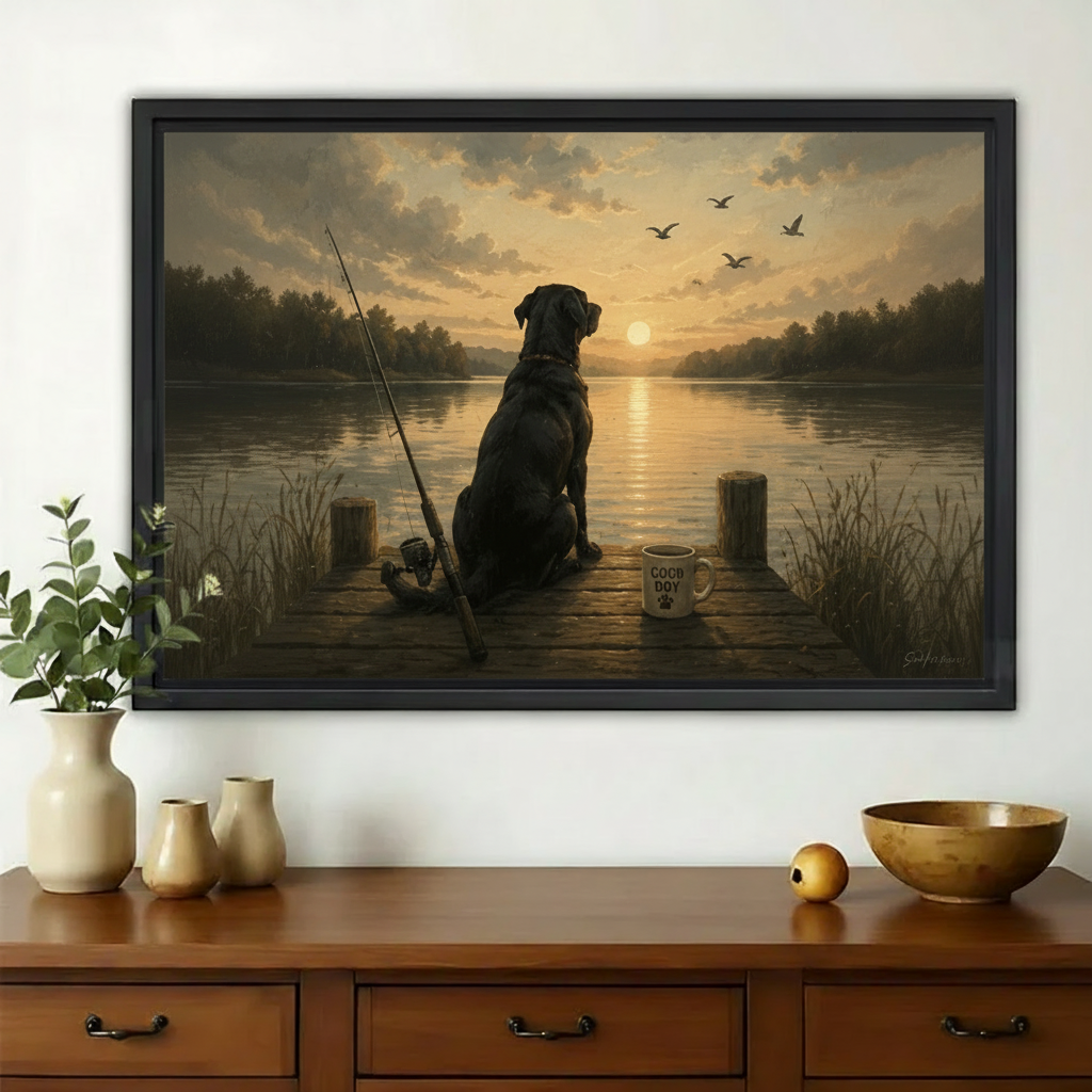 Black Labrador on the Fishing Dock Wall Art – Golden Hour Vintage Dog Canvas Print on Natural Wood Frame