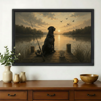 Black Labrador on the Fishing Dock Wall Art – Golden Hour Vintage Dog Canvas Print on Natural Wood Frame
