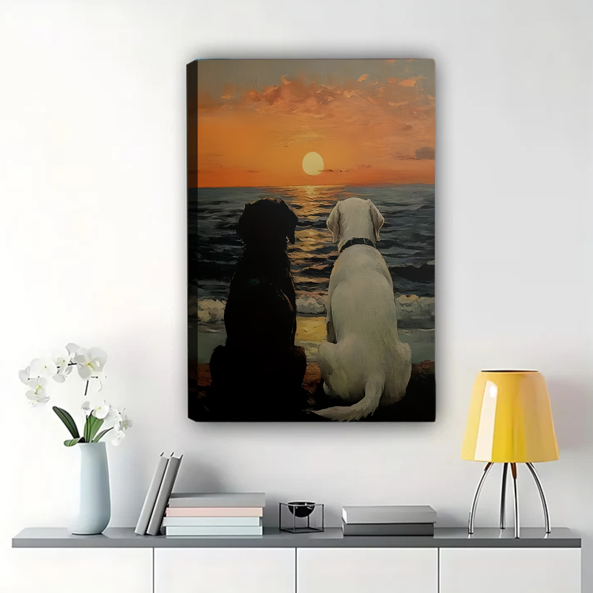 Two Dogs Watching Sunset Art Print - Beach Wall Decor Canvas Wall Art