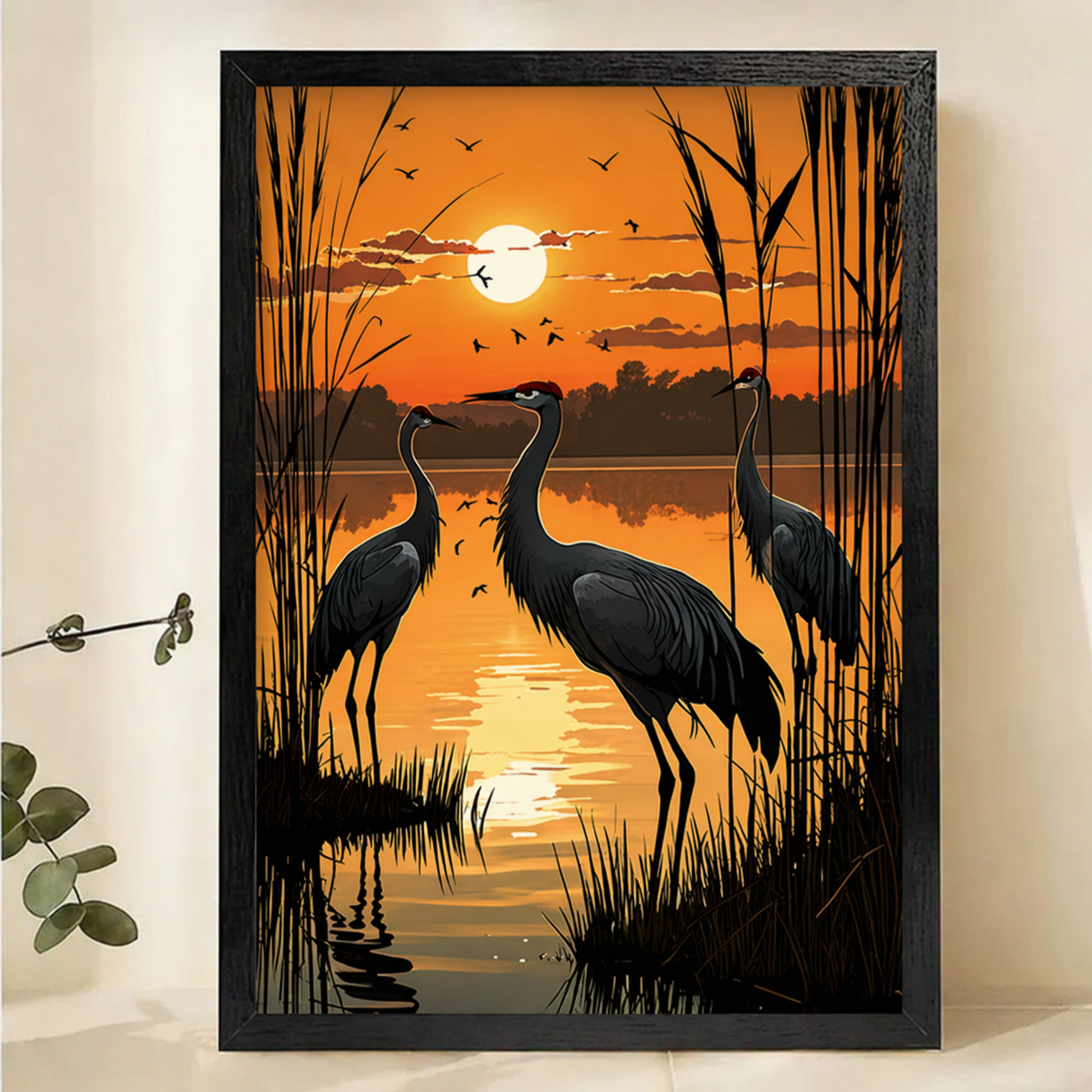 Cranes at Sunset Wetland Wall Art – Dramatic Wildlife Canvas Print on Natural Wood Frame