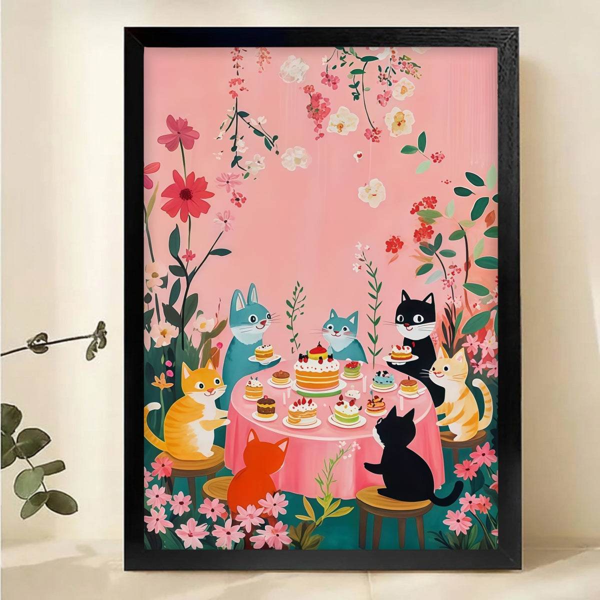 Cats Tea Party Wall Art - Whimsical Garden Canvas Print