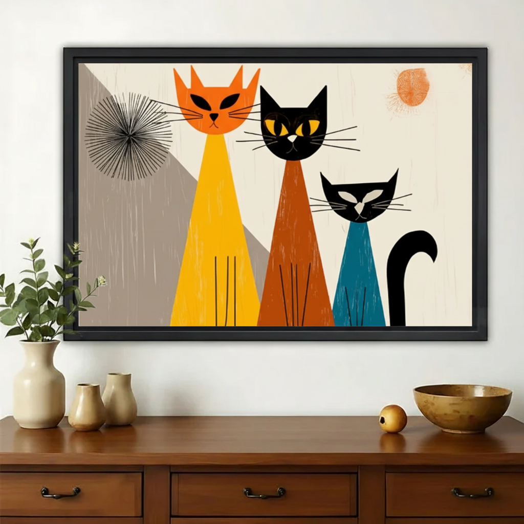 Three Cats Mid-Century Modern Wall Art – Retro Abstract Cat Canvas Print on Natural Wood Frame
