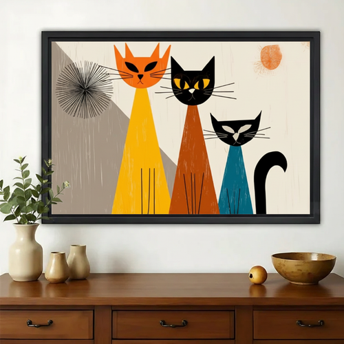 Three Cats Mid-Century Modern Wall Art – Retro Abstract Cat Canvas Print on Natural Wood Frame