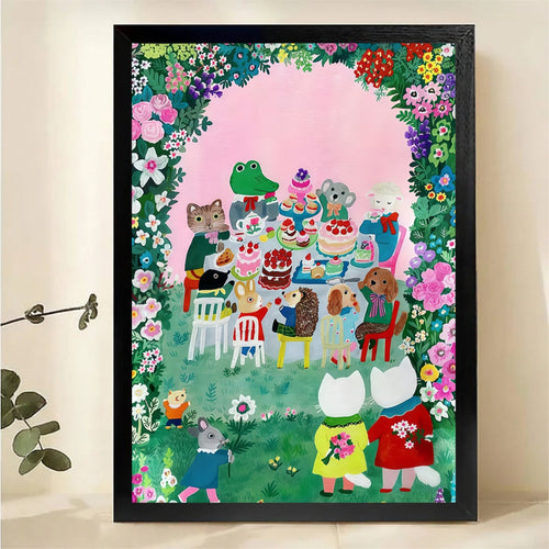 Woodland Creatures Tea Party Print - Enchanted Garden Art Canvas Wall Art