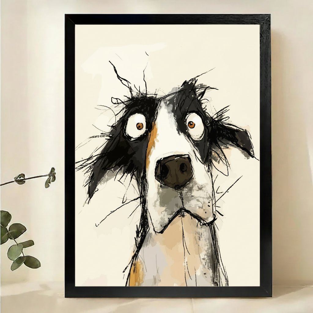 Wide-Eyed Border Collie Sketch Wall Art – Expressive Dog Portrait Canvas Print on Natural Wood Frame