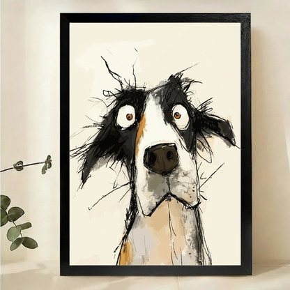 Wide-Eyed Border Collie Sketch Wall Art – Expressive Dog Portrait Canvas Print on Natural Wood Frame