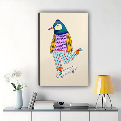 The Skateboarding Owl – Playful Cartoon Wall Art on Natural Wood Canvas