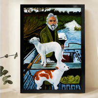 Old Man & Two Hounds in a Rowboat Wall Art – Naïve Realist Oil Painting Canvas Print on Natural Wood Frame