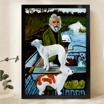 Old Man & Two Hounds in a Rowboat Wall Art – Naïve Realist Oil Painting Canvas Print on Natural Wood Frame